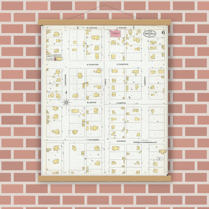 Old map wall art mockup — magnetic wood frame on brick wall — Sanborn Fire Insurance Map from Maryville, Nodaway County, Missouri (1900), Sheet #0006