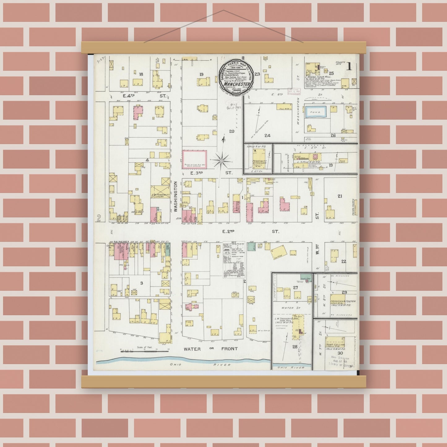 Old map wall art mockup — magnetic wood frame on brick wall — Sanborn Fire Insurance Map from Manchester, Adams County, Ohio (1892), Sheet #0001