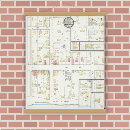 Old map wall art mockup — magnetic wood frame on brick wall — Sanborn Fire Insurance Map from Manchester, Adams County, Ohio (1892), Sheet #0001