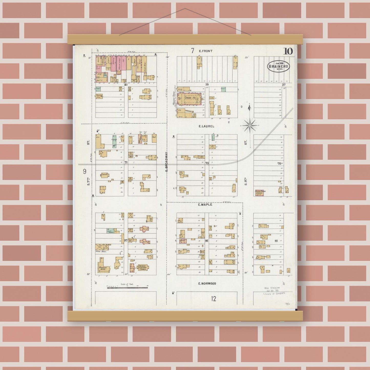 Old map wall art mockup — magnetic wood frame on brick wall — Sanborn Fire Insurance Map from Brainerd, Crow Wing County, Minnesota (1898), Sheet #0010