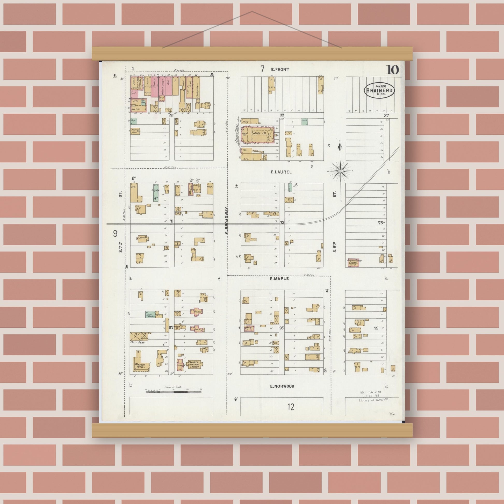 Old map wall art mockup — magnetic wood frame on brick wall — Sanborn Fire Insurance Map from Brainerd, Crow Wing County, Minnesota (1898), Sheet #0010