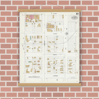Old map wall art mockup — magnetic wood frame on brick wall — Sanborn Fire Insurance Map from Brainerd, Crow Wing County, Minnesota (1898), Sheet #0010