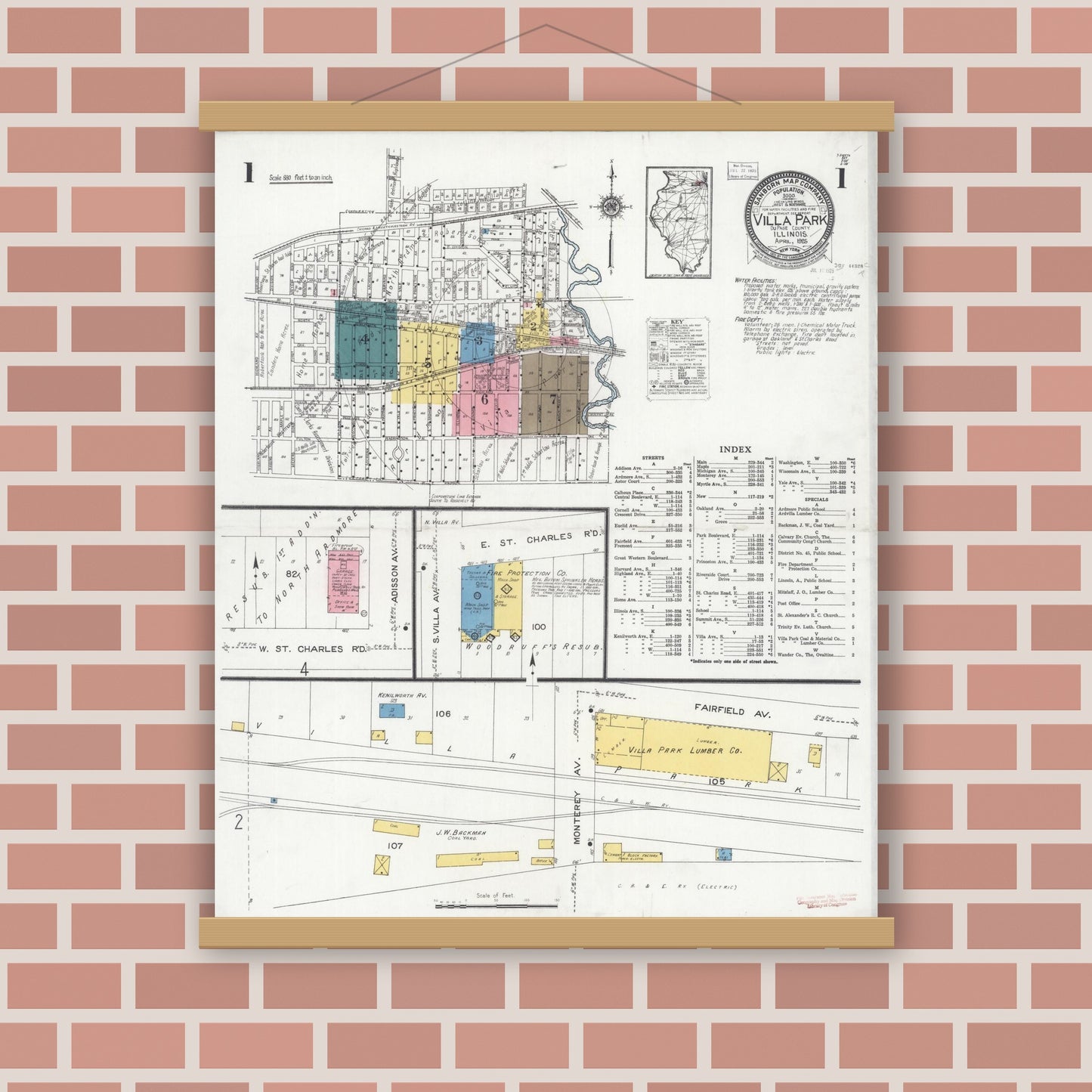 Old map wall art mockup — magnetic wood frame on brick wall — Sanborn Fire Insurance Map from Villa Park, Du Page County, Illinois (1925) - Complete Map Set