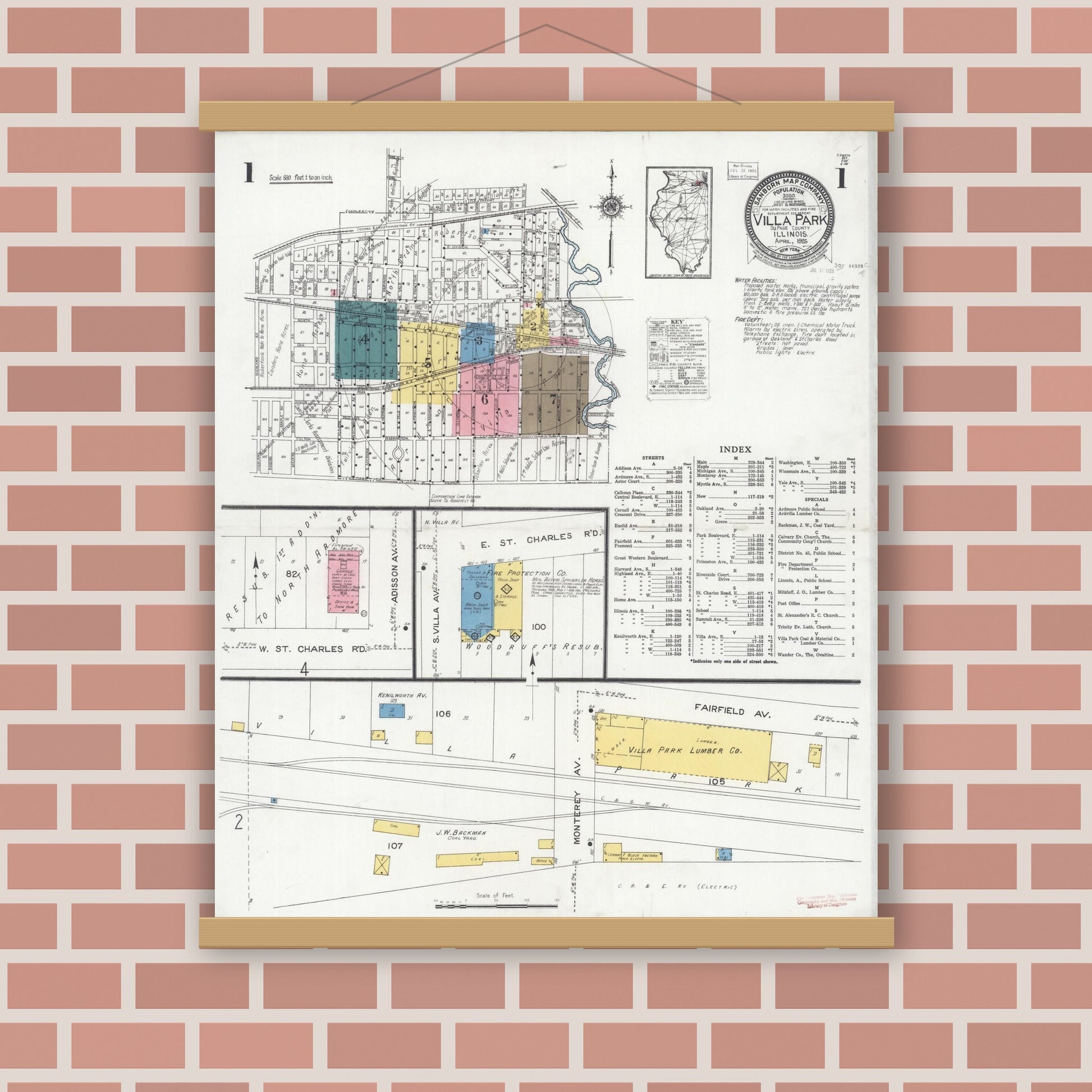 Old map wall art mockup — magnetic wood frame on brick wall — Sanborn Fire Insurance Map from Villa Park, Du Page County, Illinois (1925) - Complete Map Set