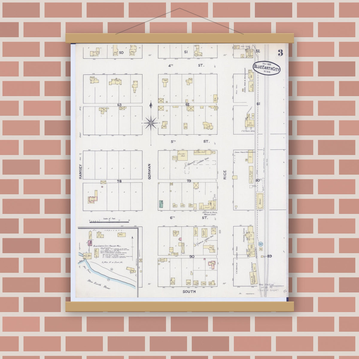 Old map wall art mockup — magnetic wood frame on brick wall — Sanborn Fire Insurance Map from Blue Earth, Faribault County, Minnesota (1891), Sheet #0003