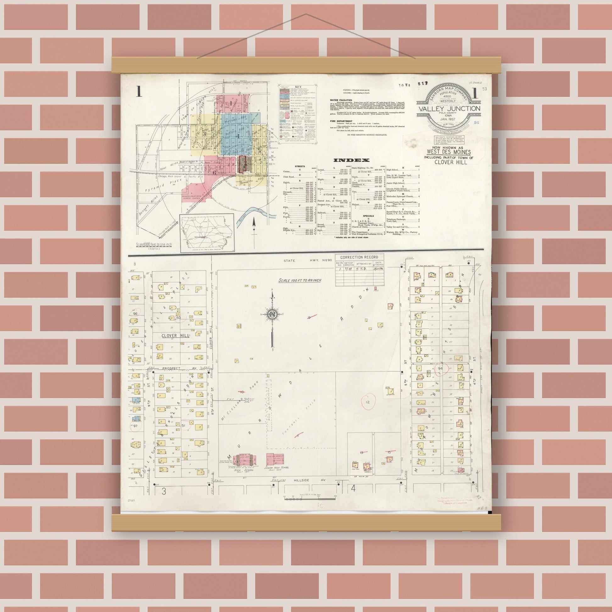 Old map wall art mockup — magnetic wood frame on brick wall — Sanborn Fire Insurance Map from Valley Junction, Polk County, Iowa (1941), Sheet #0001