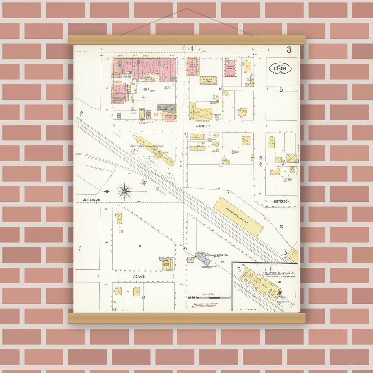 Old map wall art mockup — magnetic wood frame on brick wall — Sanborn Fire Insurance Map from Dixon, Solano County, California (1907), Sheet #0003