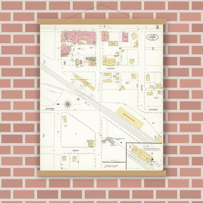 Old map wall art mockup — magnetic wood frame on brick wall — Sanborn Fire Insurance Map from Dixon, Solano County, California (1907), Sheet #0003