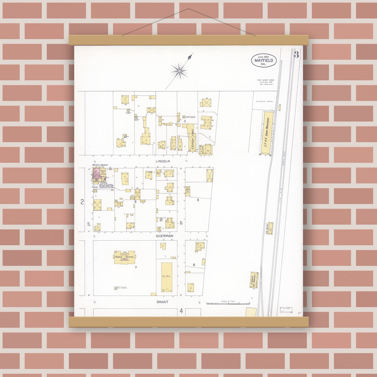 Old map wall art mockup — magnetic wood frame on brick wall — Sanborn Fire Insurance Map from Mayfield, Santa Clara County, California (1904), Sheet #0003