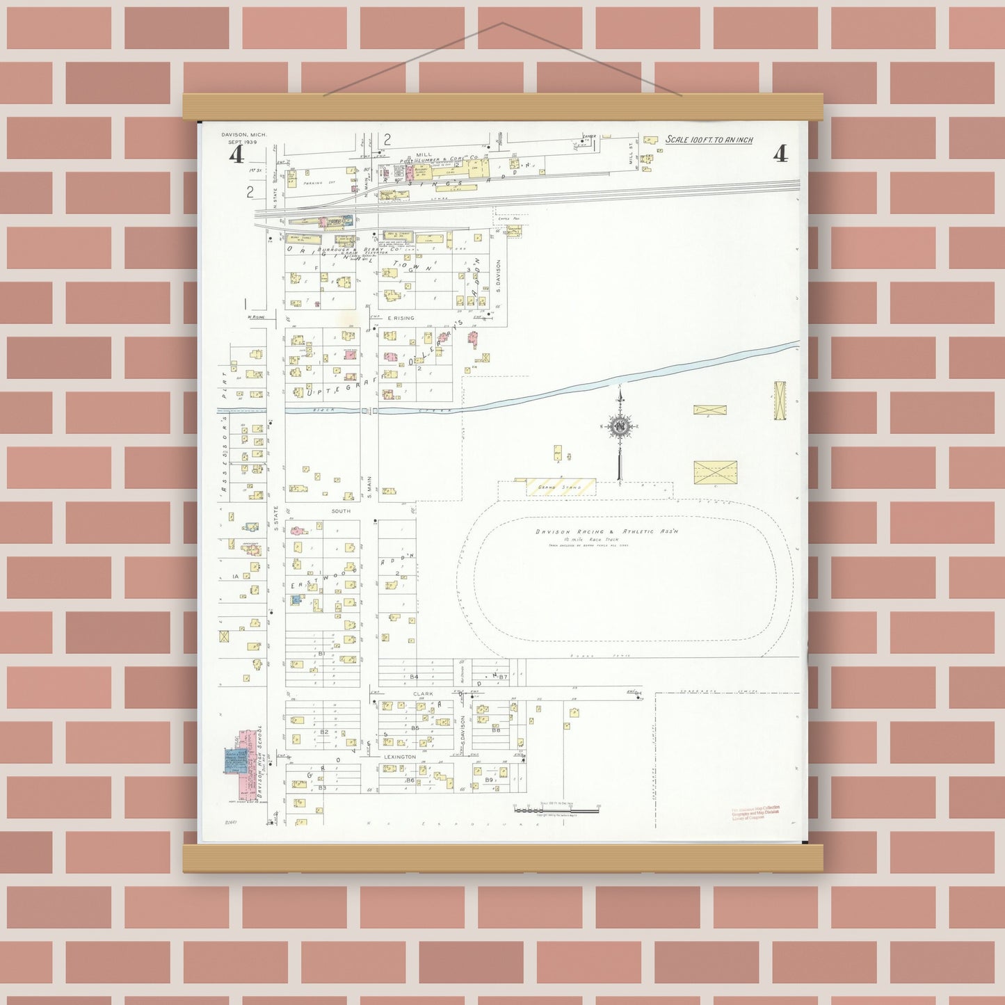 Old map wall art mockup — magnetic wood frame on brick wall — Sanborn Fire Insurance Map from Davison, Genesee County, Michigan (1939), Sheet #0004