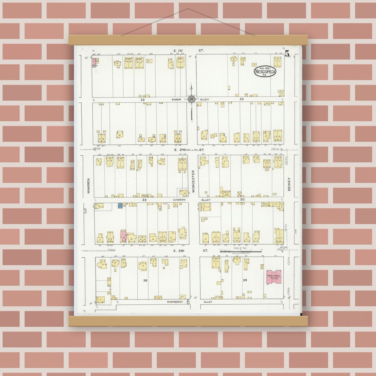 Old map wall art mockup — magnetic wood frame on brick wall — Sanborn Fire Insurance Map from Nescopeck, Luzerne County, Pennsylvania (1919), Sheet #0005