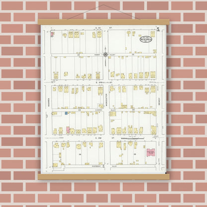 Old map wall art mockup — magnetic wood frame on brick wall — Sanborn Fire Insurance Map from Nescopeck, Luzerne County, Pennsylvania (1919), Sheet #0005
