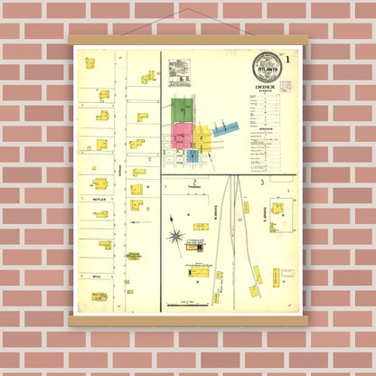 Old map wall art mockup — magnetic wood frame on brick wall — Sanborn Fire Insurance Map from Atlanta, Cass County, Texas (1906), Sheet #0001