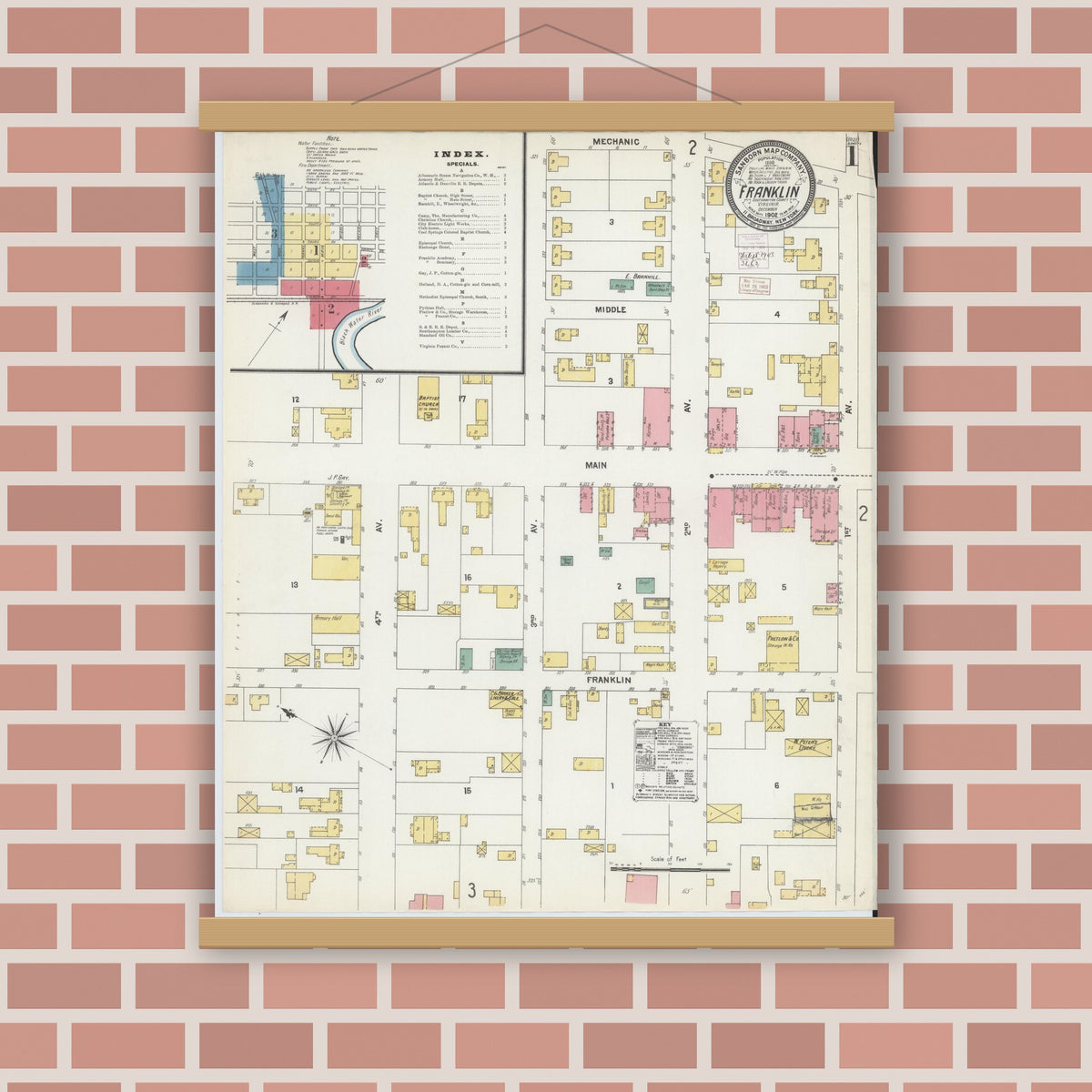 Old map wall art mockup — magnetic wood frame on brick wall — Sanborn Fire Insurance Map from Franklin, Independent Cities, Virginia (1902) - Complete Map Set