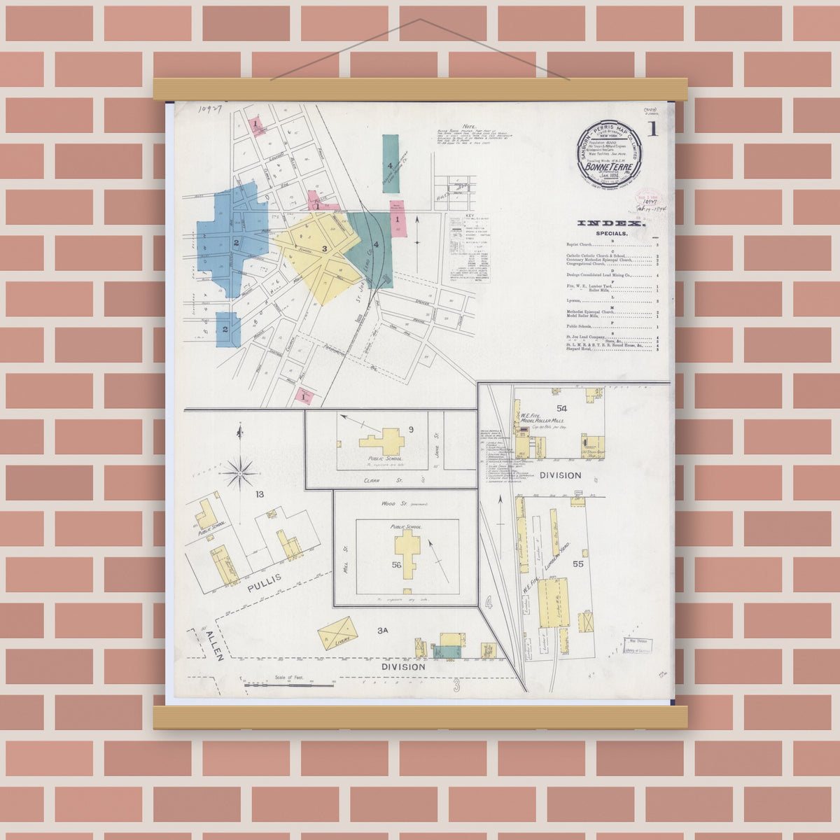 Old map wall art mockup — magnetic wood frame on brick wall — Sanborn Fire Insurance Map from Bonne Terre, Saint Francois County, Missouri (1894) - Complete Map Set