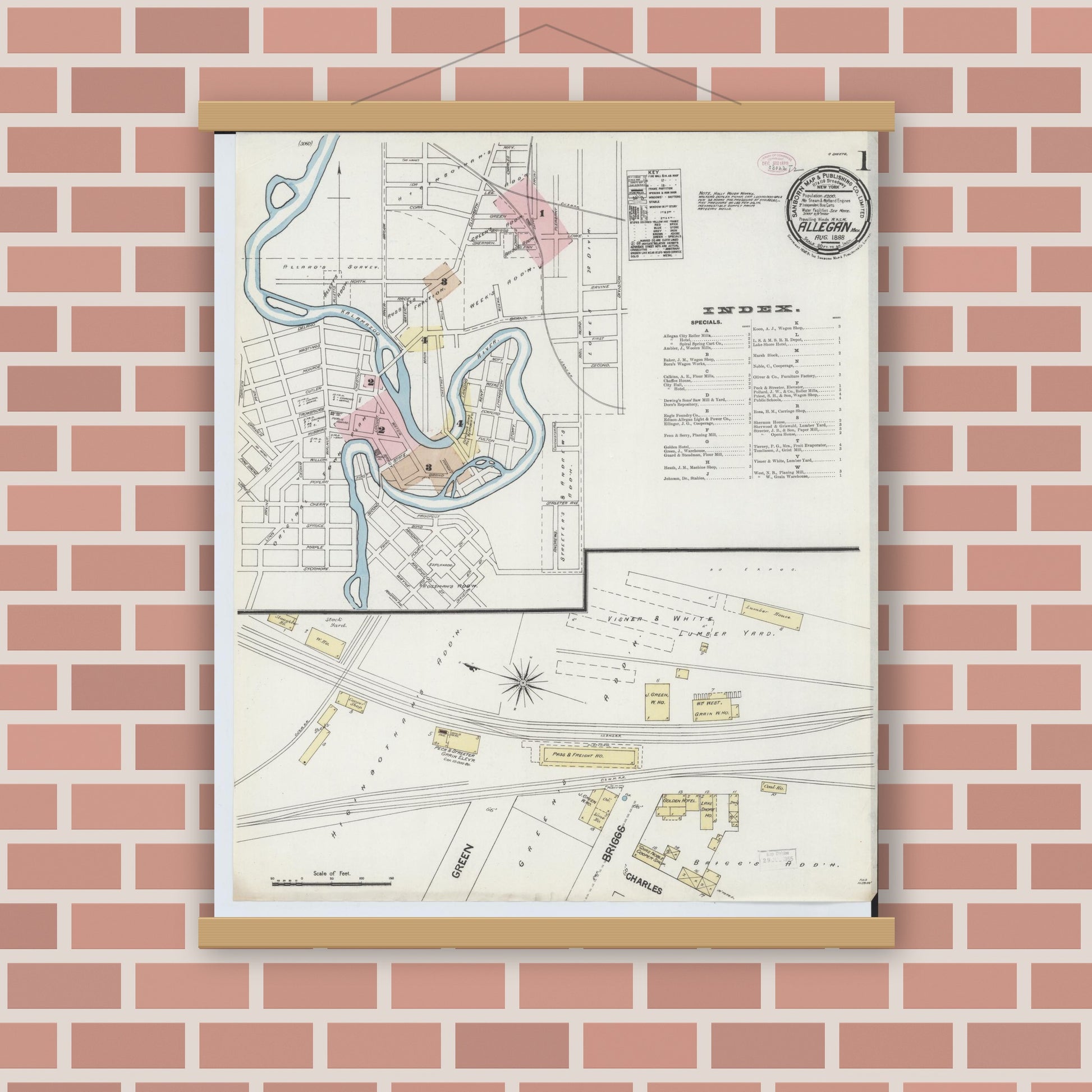 Old map wall art mockup — magnetic wood frame on brick wall — Sanborn Fire Insurance Map from Allegan, Allegan County, Michigan (1888), Sheet #0001