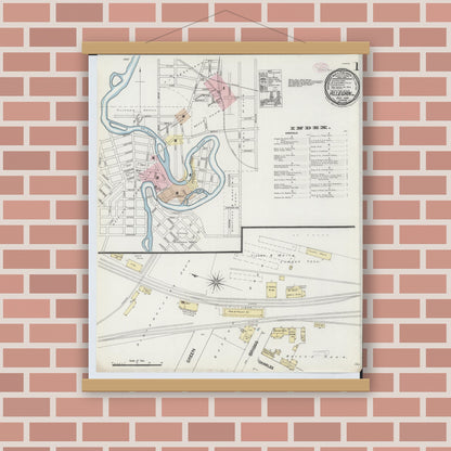 Old map wall art mockup — magnetic wood frame on brick wall — Sanborn Fire Insurance Map from Allegan, Allegan County, Michigan (1888), Sheet #0001