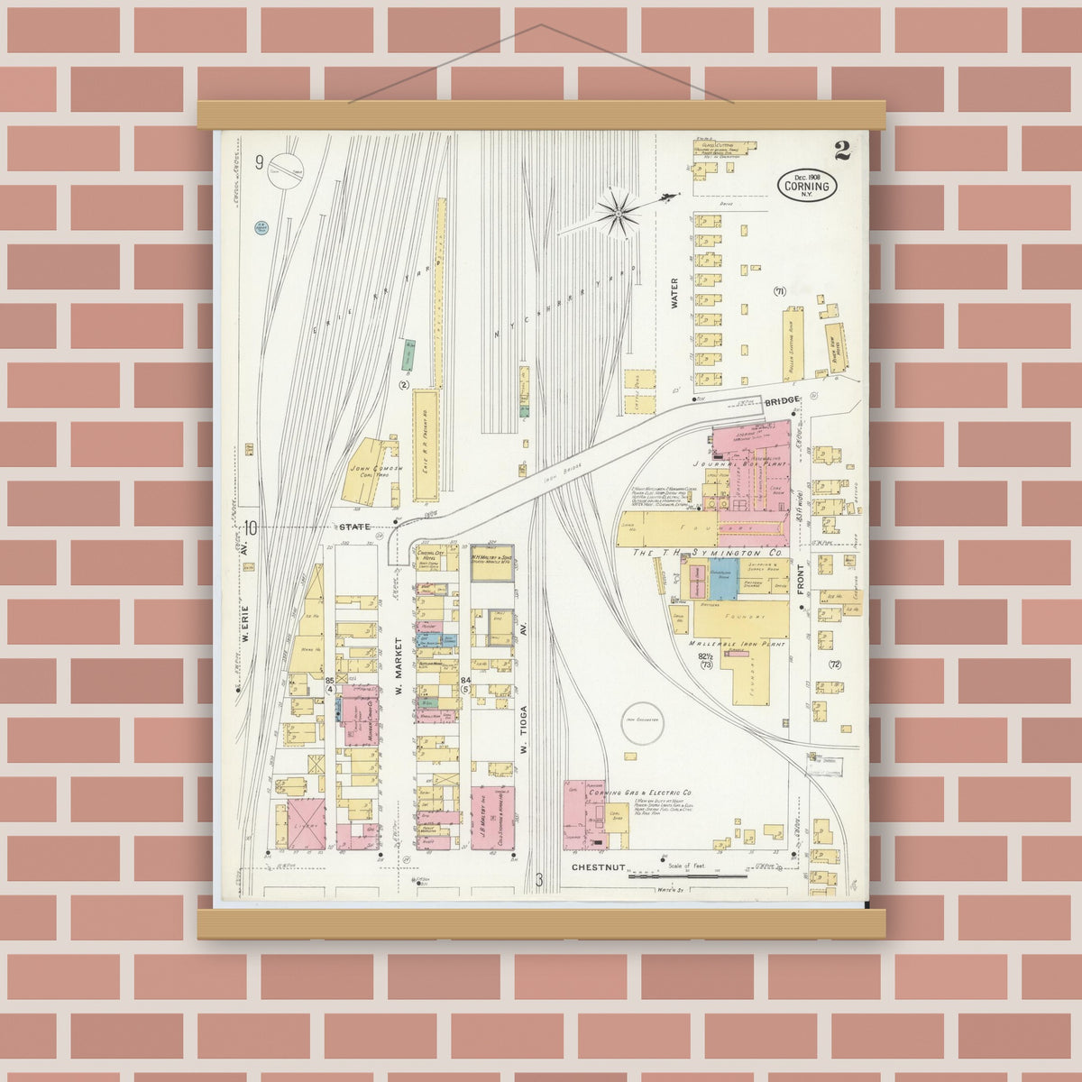 Old map wall art mockup — magnetic wood frame on brick wall — Sanborn Fire Insurance Map from Corning, Steuben County, New York (1908) - Complete Map Set