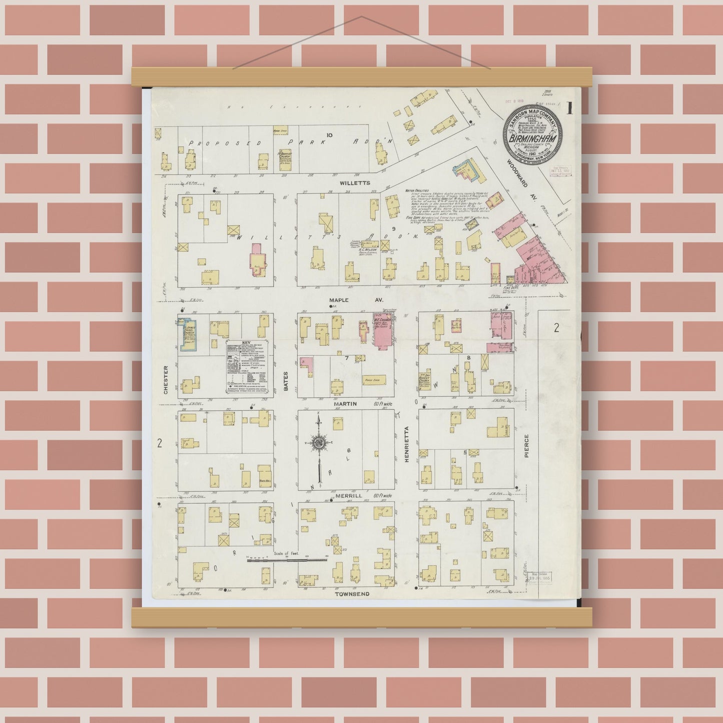 Old map wall art mockup — magnetic wood frame on brick wall — Sanborn Fire Insurance Map from Birmingham, Oakland County, Michigan (1910), Sheet #0001