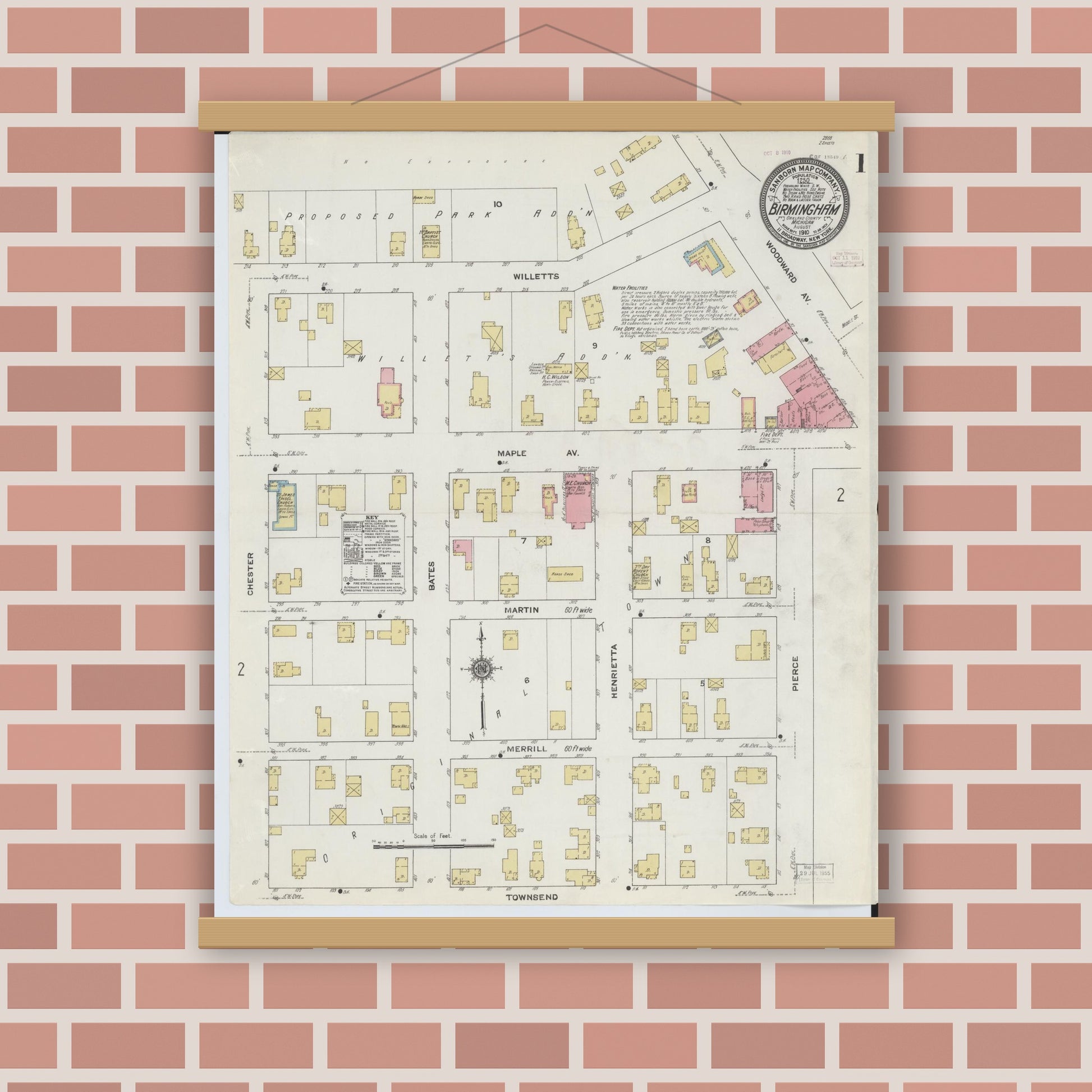 Old map wall art mockup — magnetic wood frame on brick wall — Sanborn Fire Insurance Map from Birmingham, Oakland County, Michigan (1910), Sheet #0001