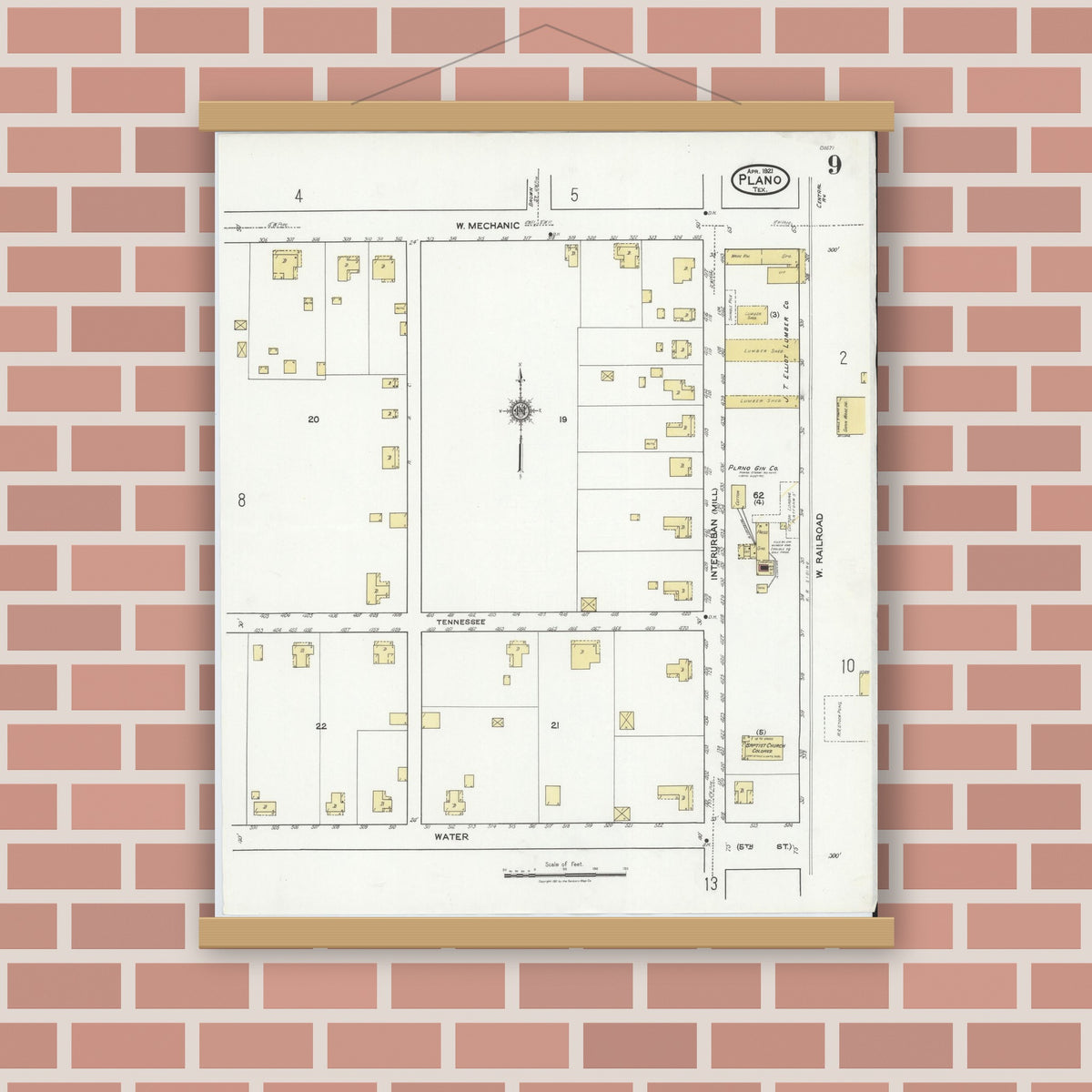 Old map wall art mockup — magnetic wood frame on brick wall — Sanborn Fire Insurance Map from Plano, Collin County, Texas (1921), Sheet #0009