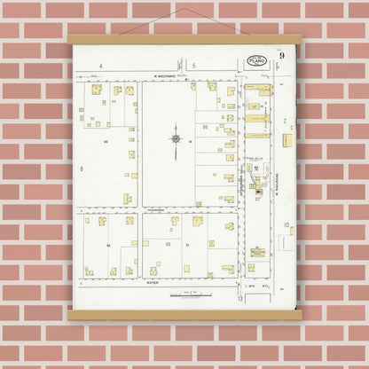 Old map wall art mockup — magnetic wood frame on brick wall — Sanborn Fire Insurance Map from Plano, Collin County, Texas (1921), Sheet #0009