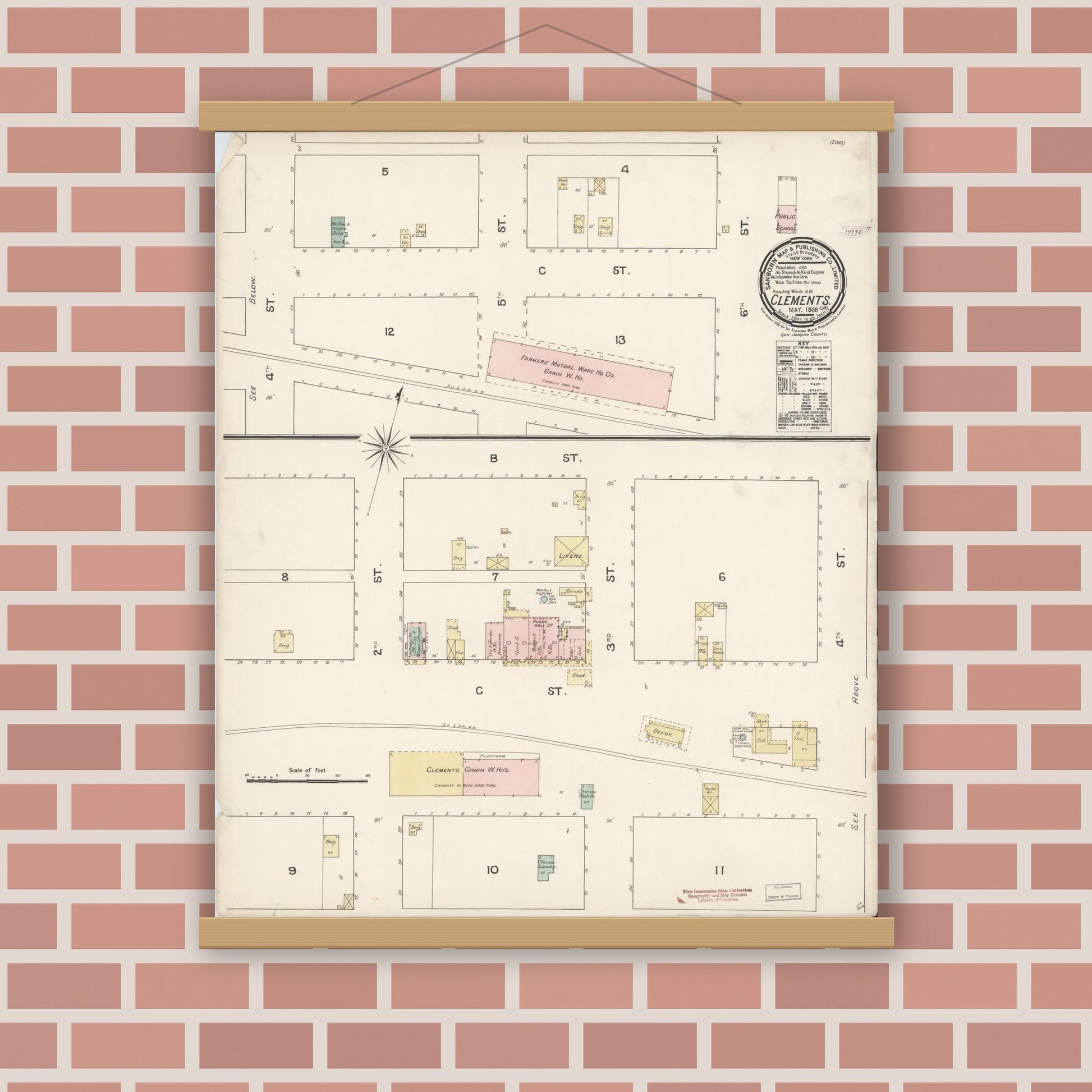 Old map wall art mockup — magnetic wood frame on brick wall — Sanborn Fire Insurance Map from Clements, San Joaquin County, California (1888), Sheet #0001