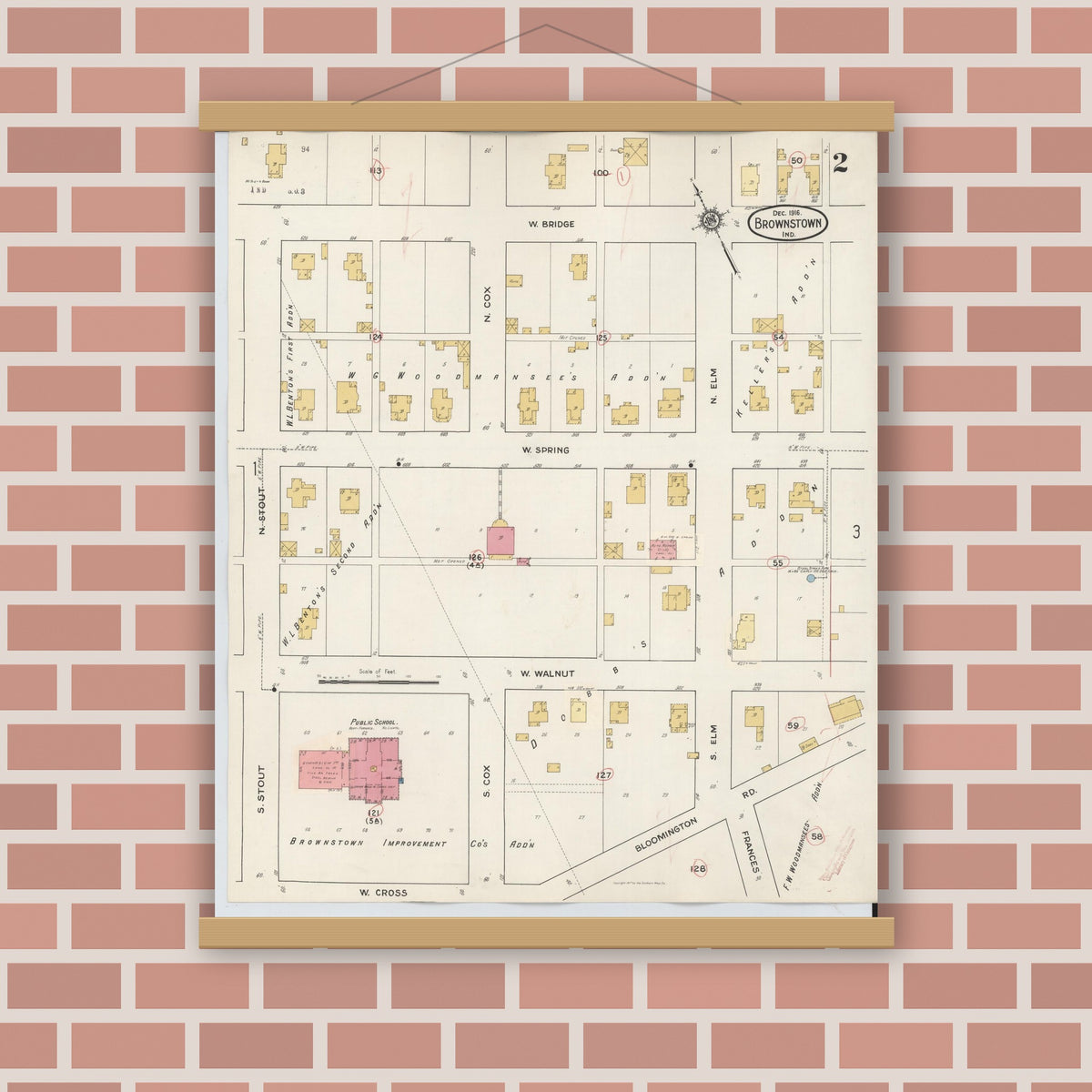 Old map wall art mockup — magnetic wood frame on brick wall — Sanborn Fire Insurance Map from Brownstown, Jackson County, Indiana (1933), Sheet #0002