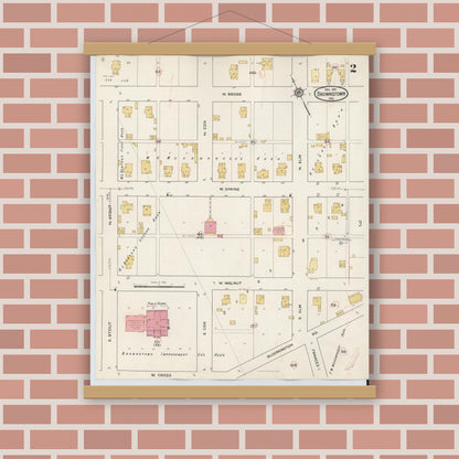 Old map wall art mockup — magnetic wood frame on brick wall — Sanborn Fire Insurance Map from Brownstown, Jackson County, Indiana (1933), Sheet #0002