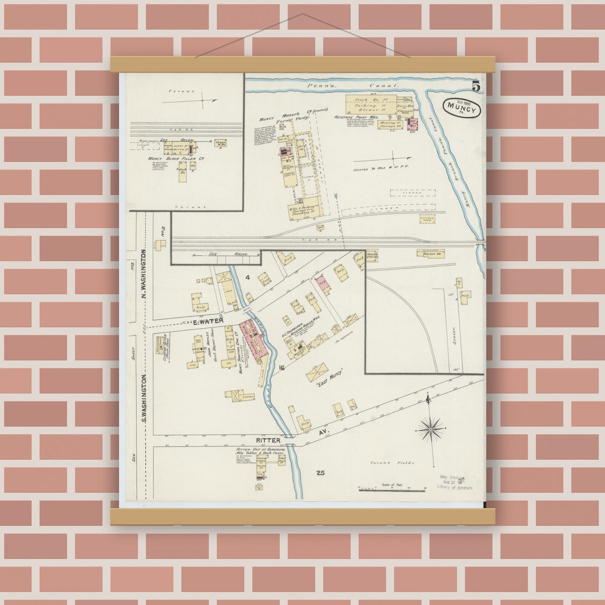 Old map wall art mockup — magnetic wood frame on brick wall — Sanborn Fire Insurance Map from Muncy, Lycoming County, Pennsylvania (1890), Sheet #0005