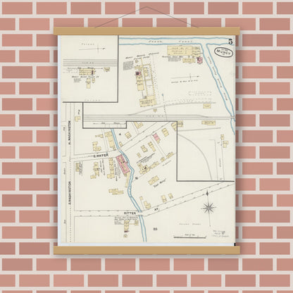 Old map wall art mockup — magnetic wood frame on brick wall — Sanborn Fire Insurance Map from Muncy, Lycoming County, Pennsylvania (1890), Sheet #0005