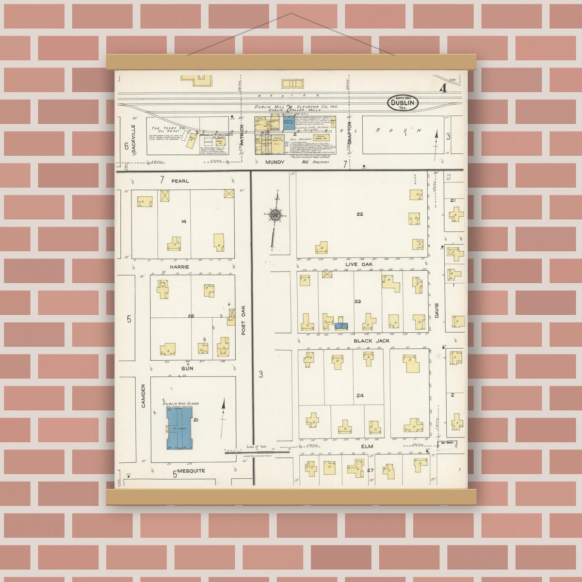 Old map wall art mockup — magnetic wood frame on brick wall — Sanborn Fire Insurance Map from Dublin, Erath County, Texas (1921), Sheet #0004