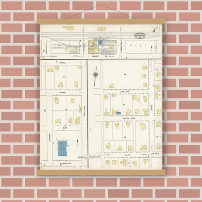 Old map wall art mockup — magnetic wood frame on brick wall — Sanborn Fire Insurance Map from Dublin, Erath County, Texas (1921), Sheet #0004