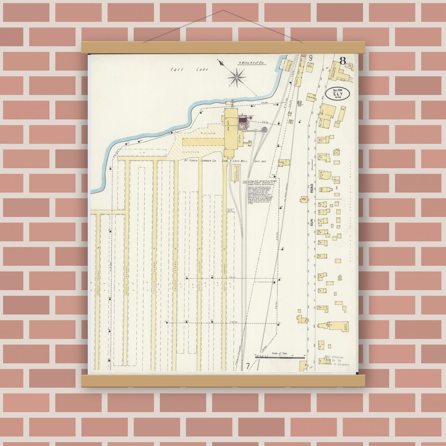 Old map wall art mockup — magnetic wood frame on brick wall — Sanborn Fire Insurance Map from Ely, Saint Louis County, Minnesota (1906), Sheet #0008