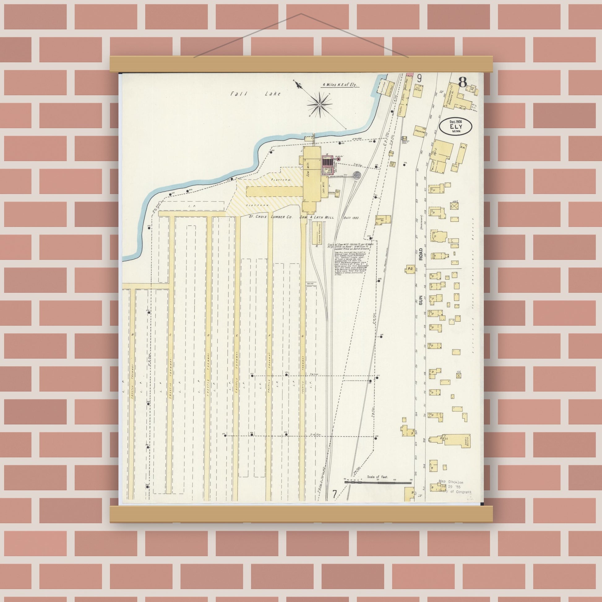 Old map wall art mockup — magnetic wood frame on brick wall — Sanborn Fire Insurance Map from Ely, Saint Louis County, Minnesota (1906), Sheet #0008