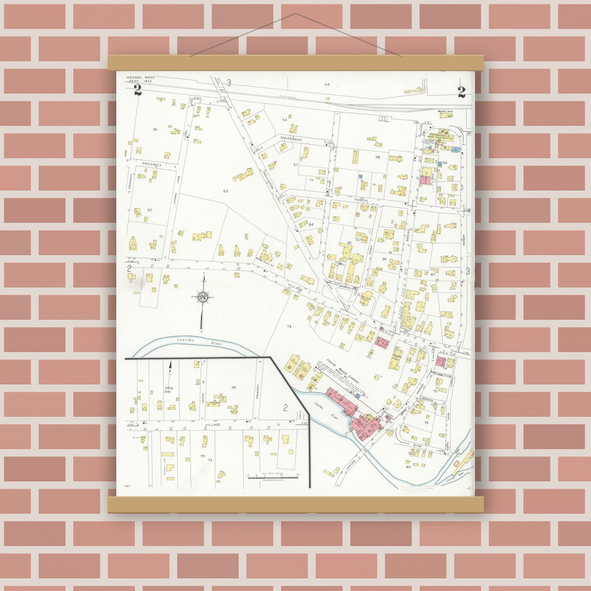 Old map wall art mockup — magnetic wood frame on brick wall — Sanborn Fire Insurance Map from Medway, Norfolk County, Massachusetts (1933), Sheet #0002
