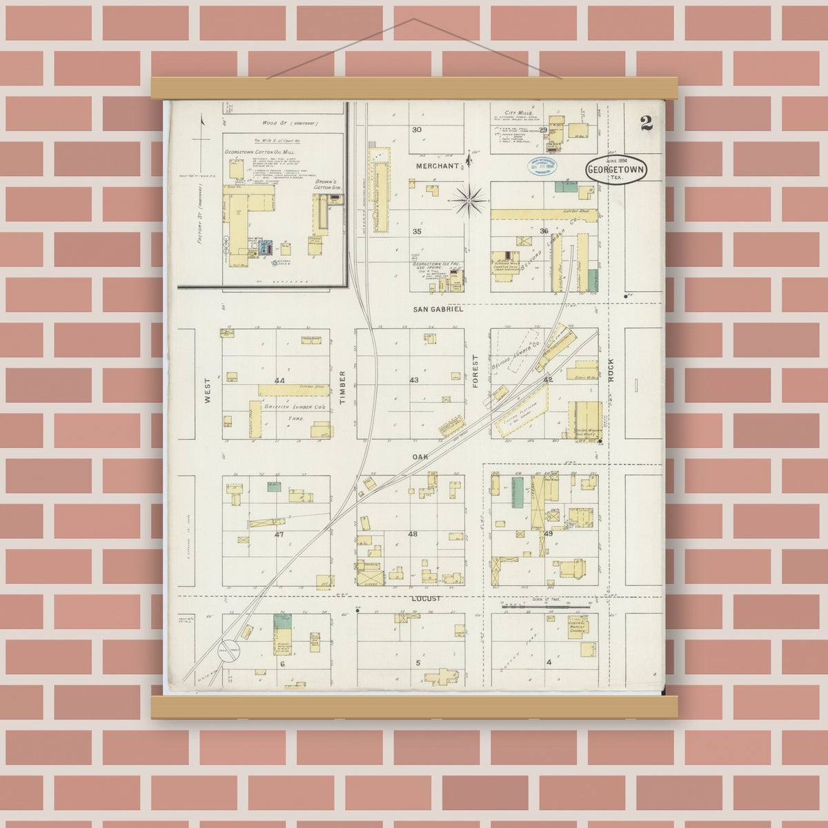 Old map wall art mockup — magnetic wood frame on brick wall — Sanborn Fire Insurance Map from Georgetown, Williamson County, Texas (1894), Sheet #0002