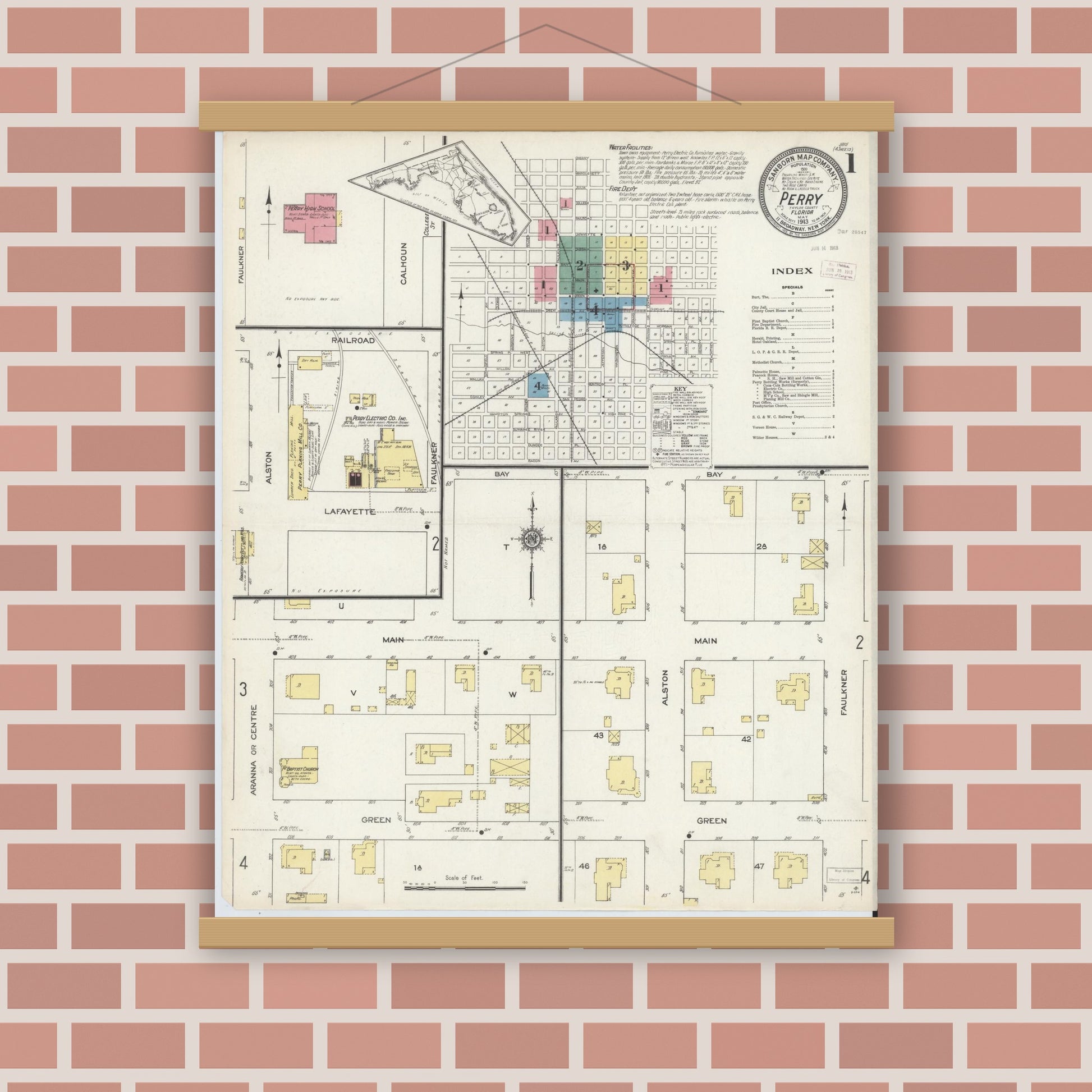 Old map wall art mockup — magnetic wood frame on brick wall — Sanborn Fire Insurance Map from Perry, Taylor County, Florida (1913) - Complete Map Set