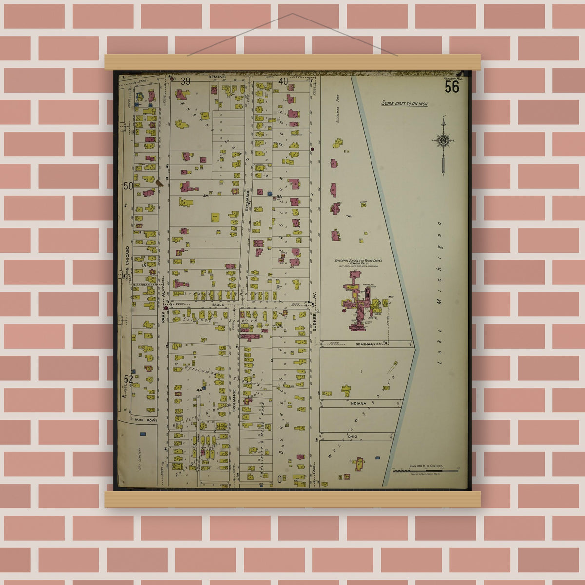 Old map wall art mockup — magnetic wood frame on brick wall — Sanborn Fire Insurance Map from Kenosha, Kenosha County, Wisconsin. (1918), Sheet 60