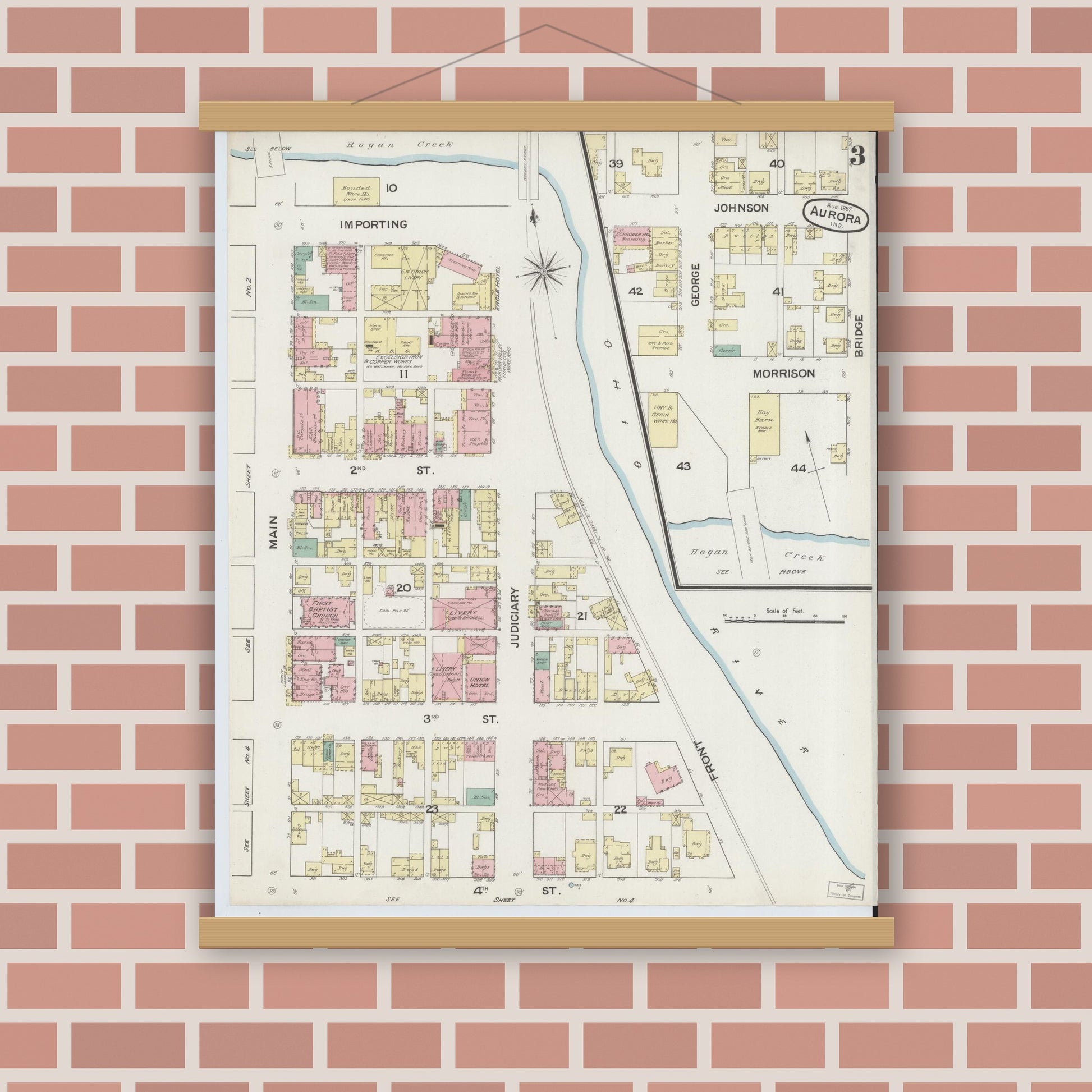 Old map wall art mockup — magnetic wood frame on brick wall — Sanborn Fire Insurance Map from Aurora, Dearborn County, Indiana (1887), Sheet #0003