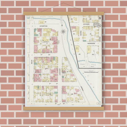 Old map wall art mockup — magnetic wood frame on brick wall — Sanborn Fire Insurance Map from Aurora, Dearborn County, Indiana (1887), Sheet #0003