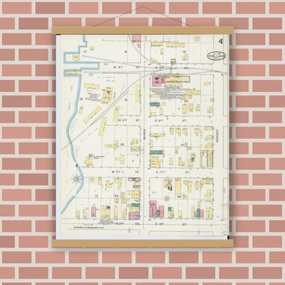 Old map wall art mockup — magnetic wood frame on brick wall — Sanborn Fire Insurance Map from Holland, Ottawa County, Michigan (1893), Sheet #0004