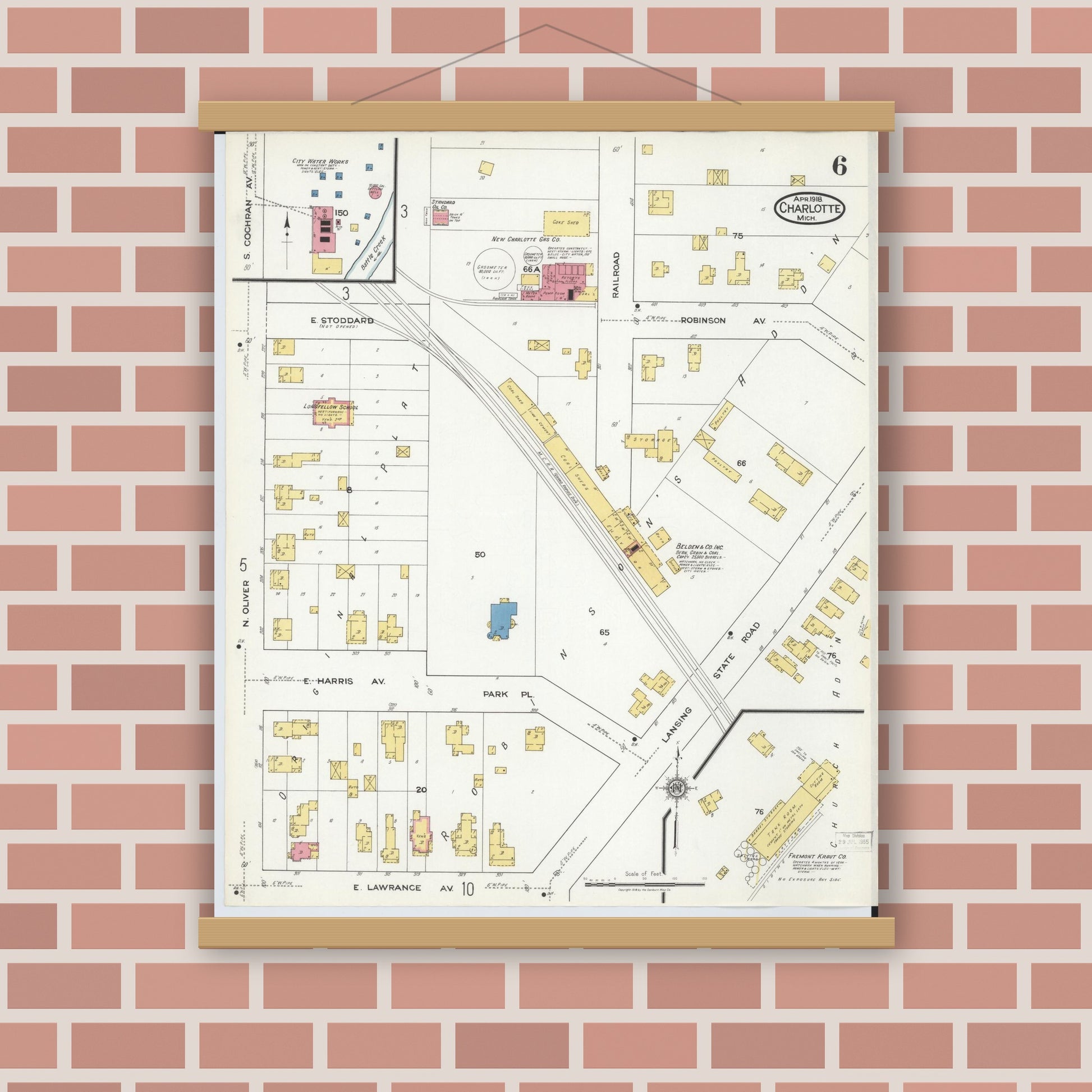 Old map wall art mockup — magnetic wood frame on brick wall — Sanborn Fire Insurance Map from Charlotte, Eaton County, Michigan (1918), Sheet #0006