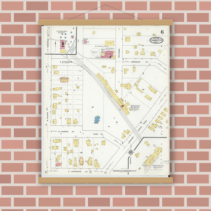 Old map wall art mockup — magnetic wood frame on brick wall — Sanborn Fire Insurance Map from Charlotte, Eaton County, Michigan (1918), Sheet #0006