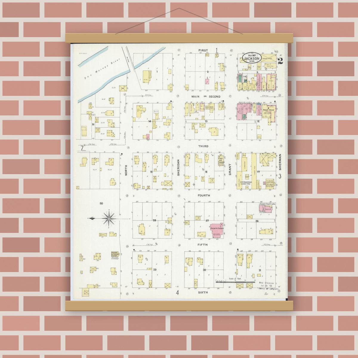 Old map wall art mockup — magnetic wood frame on brick wall — Sanborn Fire Insurance Map from Jackson, Jackson County, Minnesota (1907), Sheet #0002