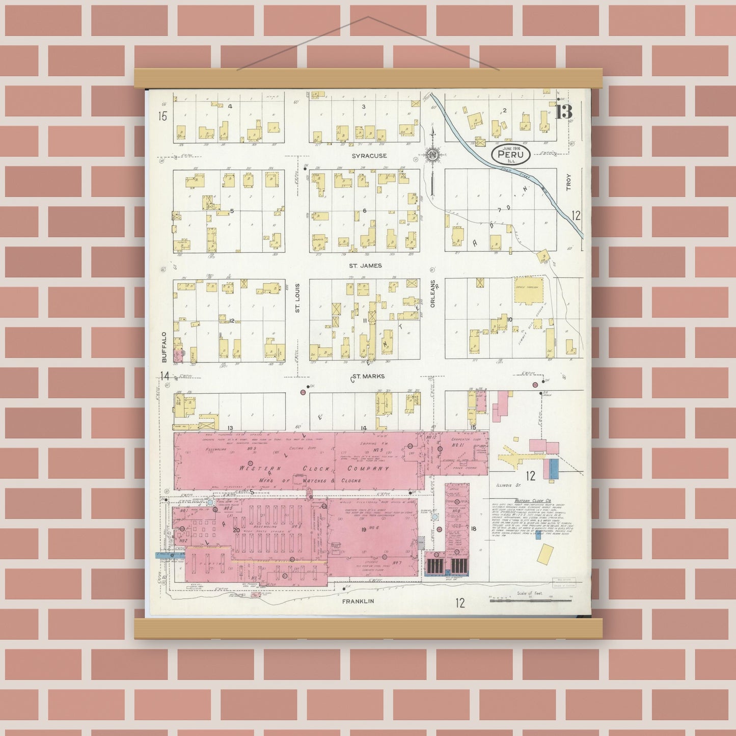 Old map wall art mockup — magnetic wood frame on brick wall — Sanborn Fire Insurance Map from Peru, La Salle County, Illinois (1916), Sheet #0013