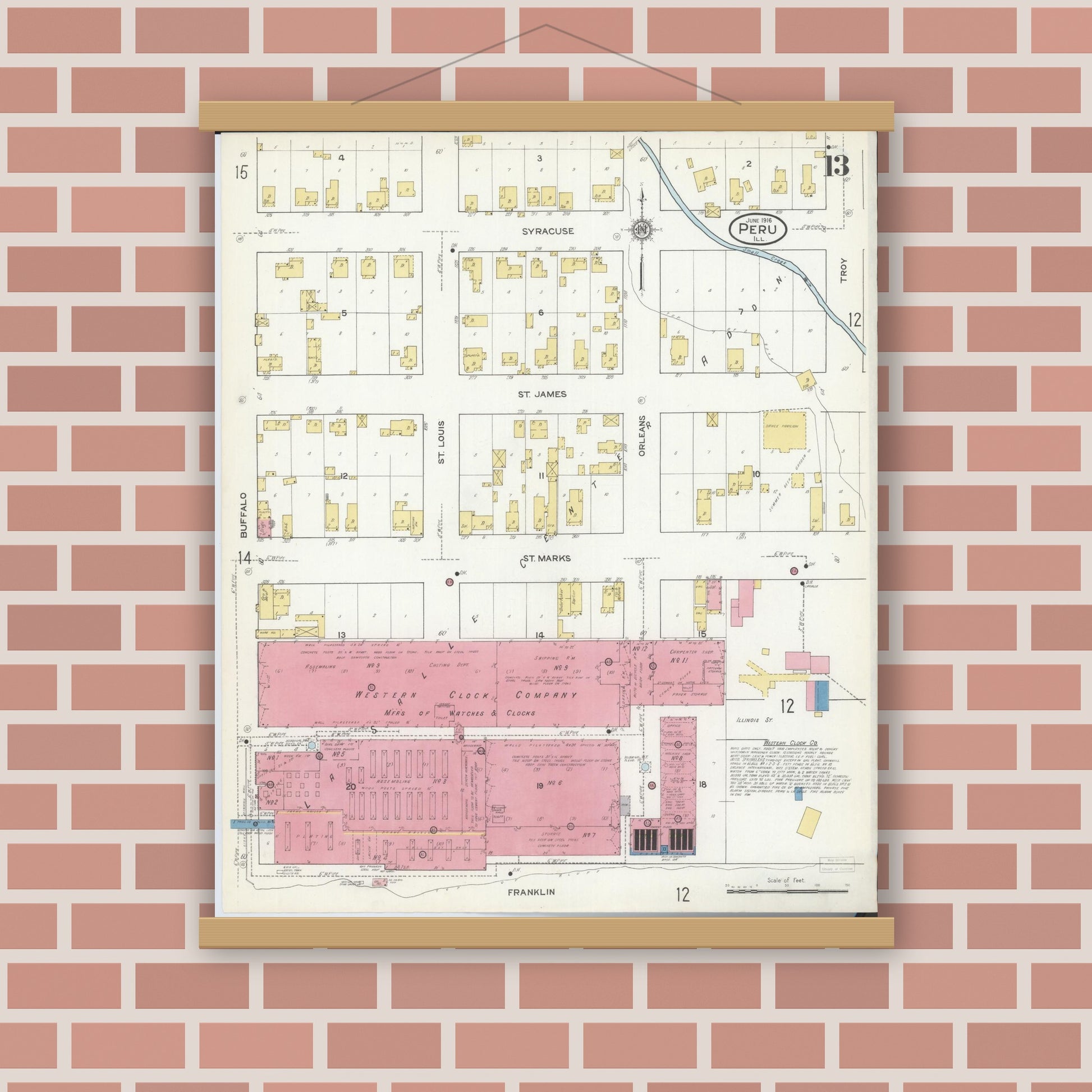 Old map wall art mockup — magnetic wood frame on brick wall — Sanborn Fire Insurance Map from Peru, La Salle County, Illinois (1916), Sheet #0013