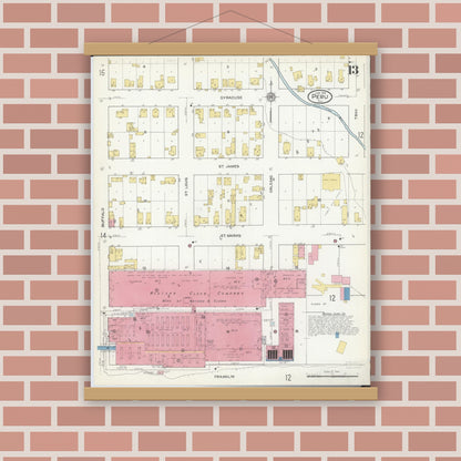 Old map wall art mockup — magnetic wood frame on brick wall — Sanborn Fire Insurance Map from Peru, La Salle County, Illinois (1916), Sheet #0013