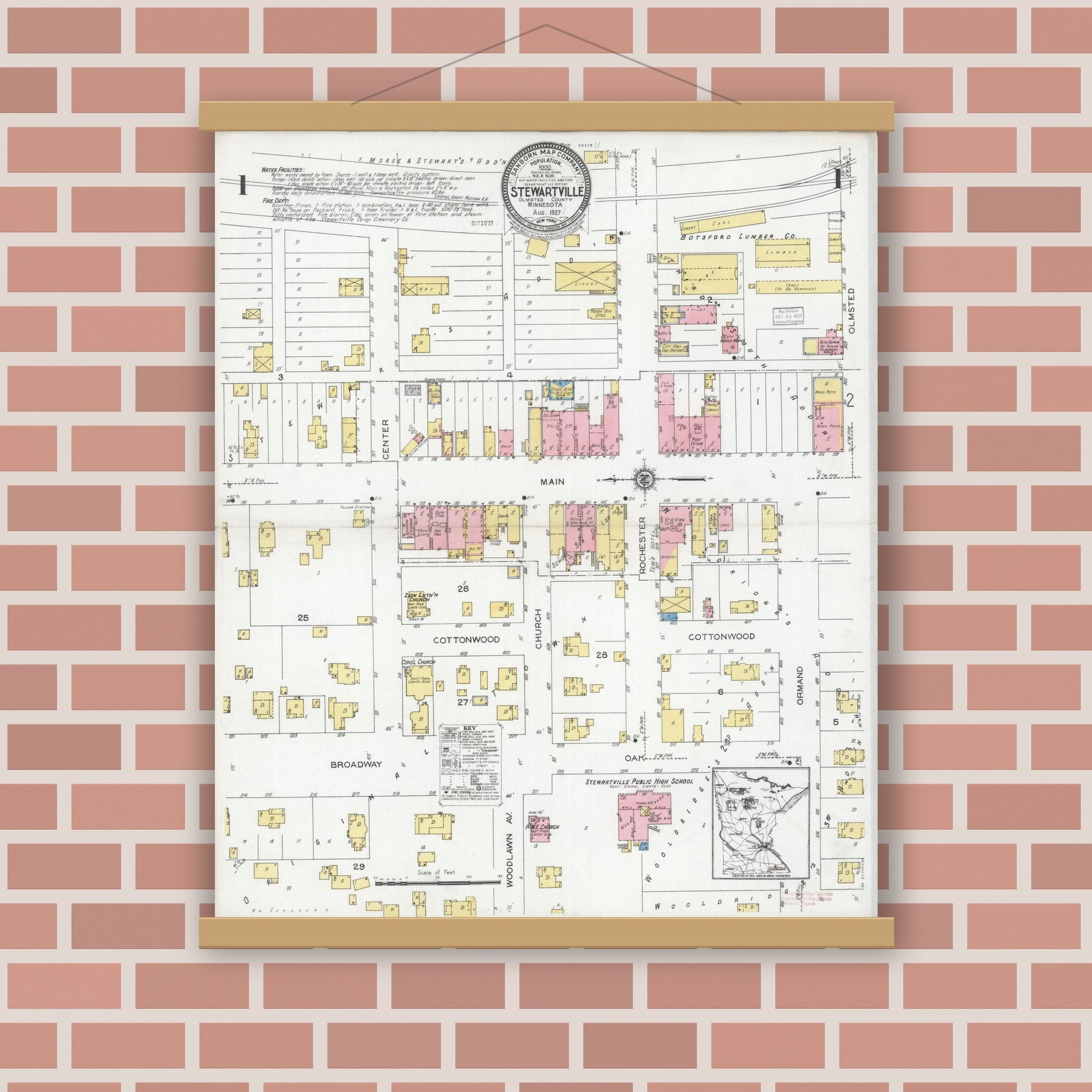 Old map wall art mockup — magnetic wood frame on brick wall — Sanborn Fire Insurance Map from Stewartville, Olmsted County, Minnesota (1927), Sheet #0001