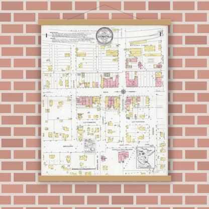 Old map wall art mockup — magnetic wood frame on brick wall — Sanborn Fire Insurance Map from Stewartville, Olmsted County, Minnesota (1927), Sheet #0001